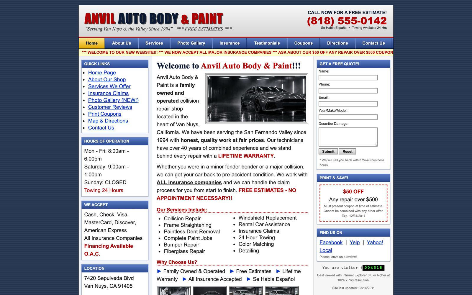 Before: a typical old body-shop website